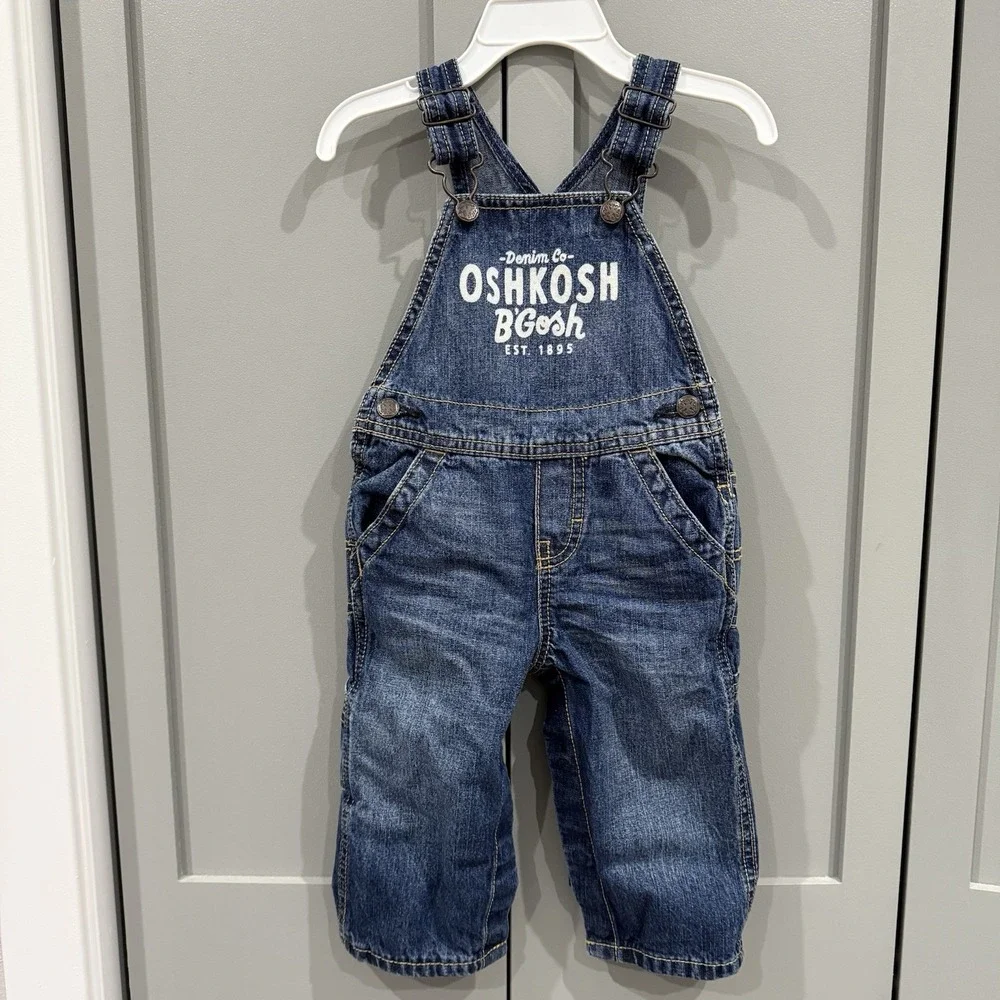 OshKosh B'Gosh Denim Overalls Baby Toddler 12 Mos Spell Out Classic Bib VestBak